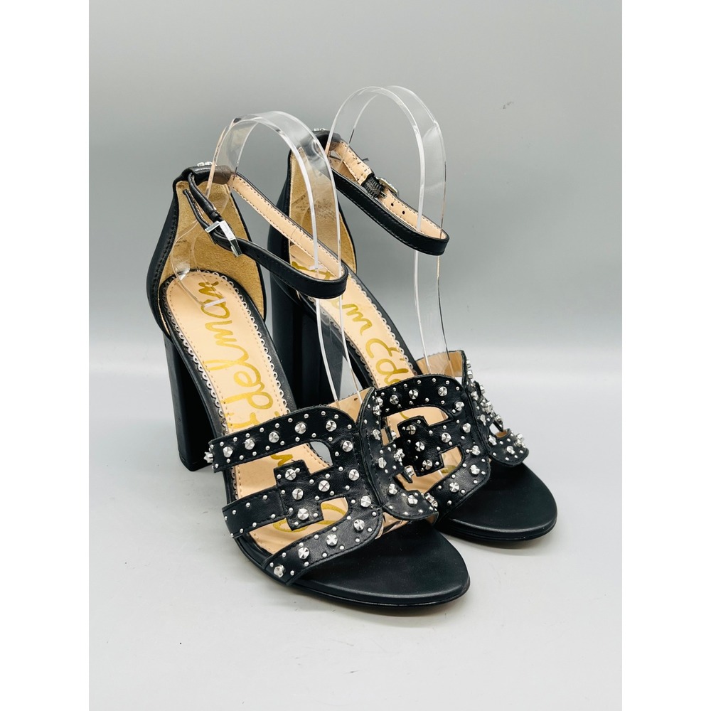 Sam Edelman Sandals Women 6.5 Black Leather Yasha Studded Ankle Strap Heel Shoes